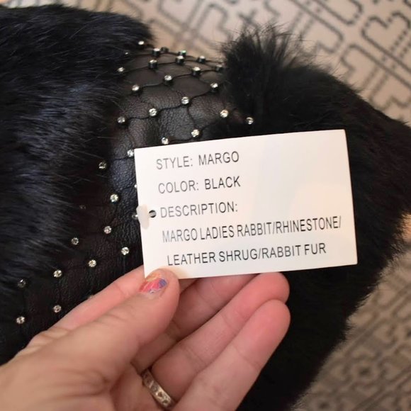 Beautiful Rabbit shrug wrap black rabbit fur, leather, and Rhinestones - Picture 9 of 9